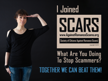 Join SCARS Today! It's Free & Easy To Apply. Just Go To www.AgainstScams.org Together We Can Beat Them! Come join the thousands of SCARS Members today! If you joined SCARS send us your photo saluting? We will not display your name! Send it to contact@AgainstRomanceScams.org #Together #BeatScammers