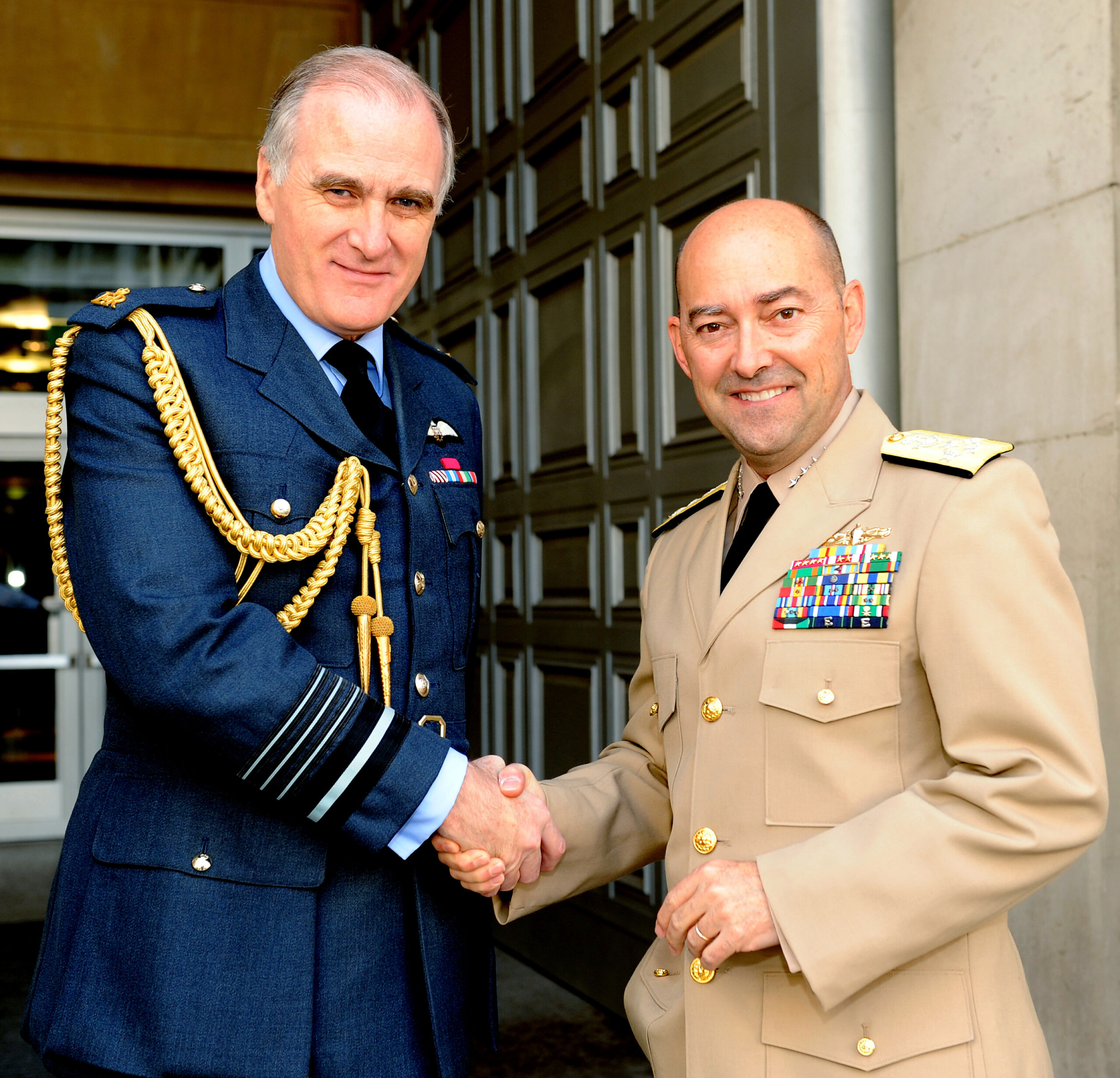 Supreme Allied Commander Europe, Adm. James G. Stavridis, visits the Ministry of Defence (London). Stavridis (right) is pictured with Air Chief Marshal Sir Jock Stirrup, chief of the Defence Staff. (Photo by Mez Merrill/Released)