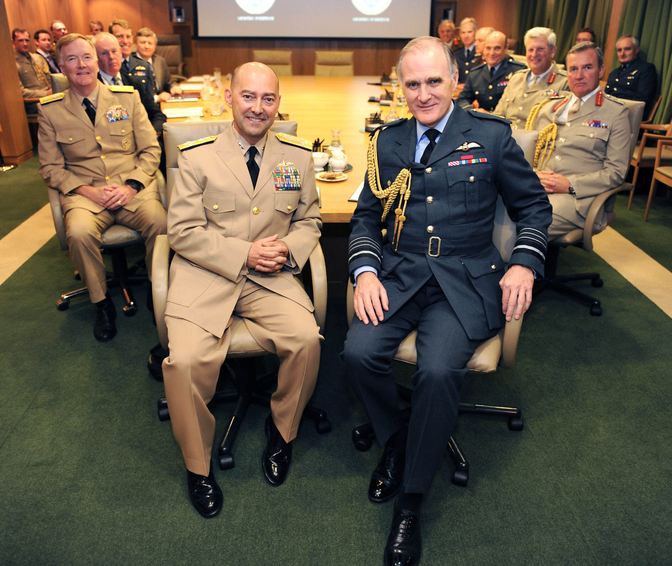 Supreme Allied Commander Europe, Adm. James G. Stavridis, visits the Ministry of Defence (London). Stavridis (front left) is shown with Air Chief Marshal Sir Jock Stirrup, chief of the Defence Staff (front right) in the Mountbatten Suite, Ministry of Defence main building London. (Photo by Mez Merrill/Released)