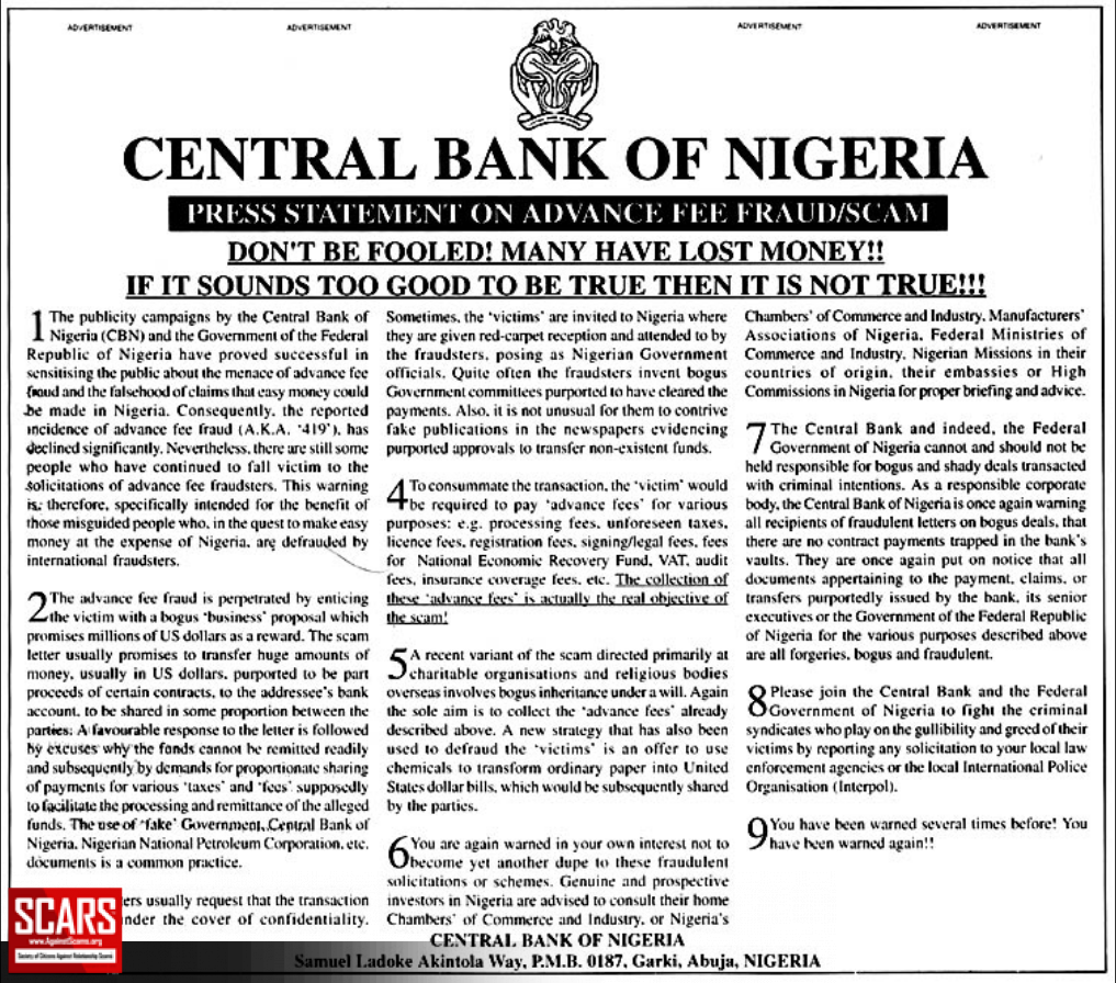 Bank of Nigeria Warning 1085 About Spanish Prisoner Scams