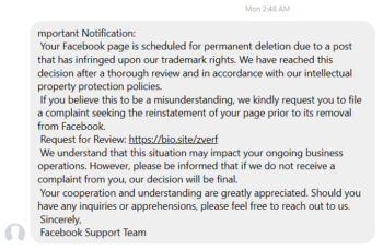 Facebook Pages Publisher Scam Alert from SCARS RomanceScamsNOW.com